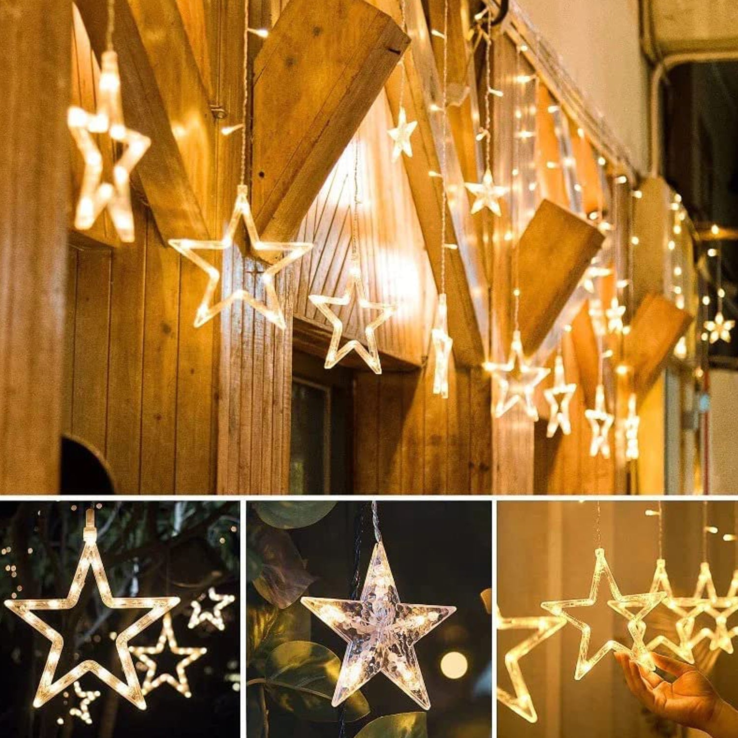 Brightly lit star curtain lights with a warm glow, ideal for celebrations and events.