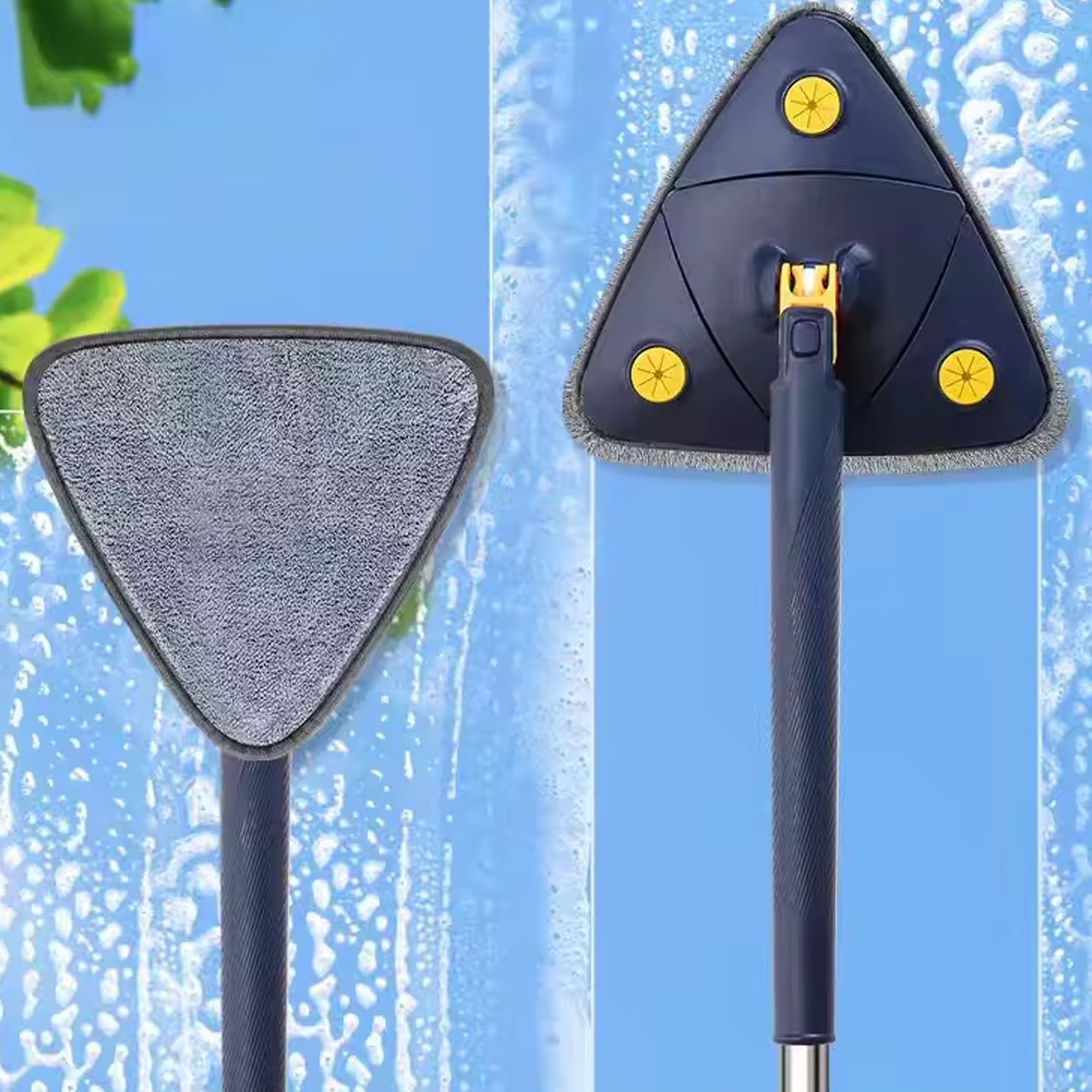 The versatile Triangle Mop cleaning high window edges and glass surfaces.
