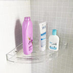 Empty bathroom corner, illustrating potential space for shelf installation.