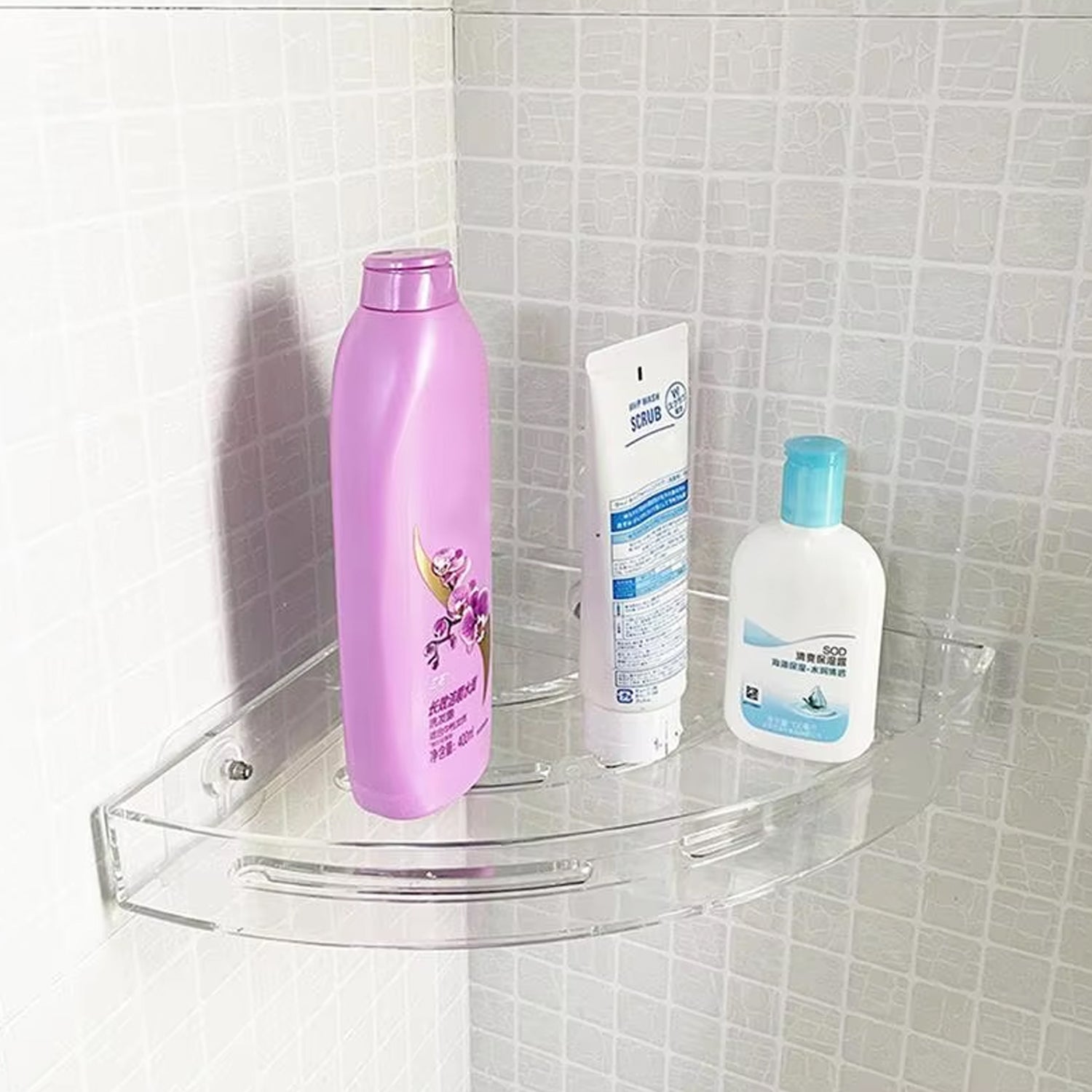 Empty bathroom corner, illustrating potential space for shelf installation.