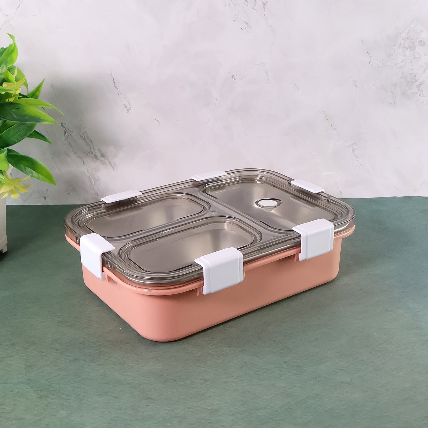 Stainless steel tiffin box with a transparent lid and secure 4-side lock clips.