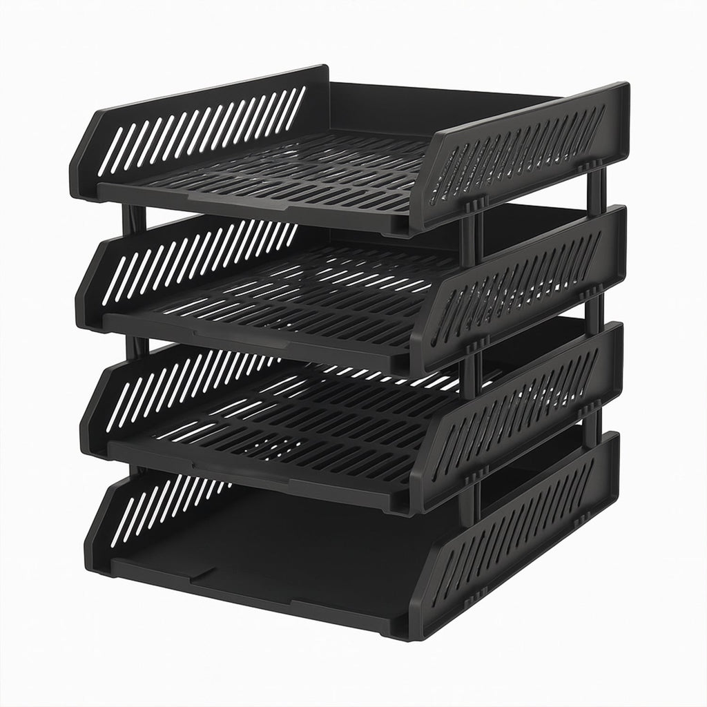 Side view of the four-layer desktop storage rack holding office files.