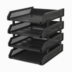 Side view of the four-layer desktop storage rack holding office files.
