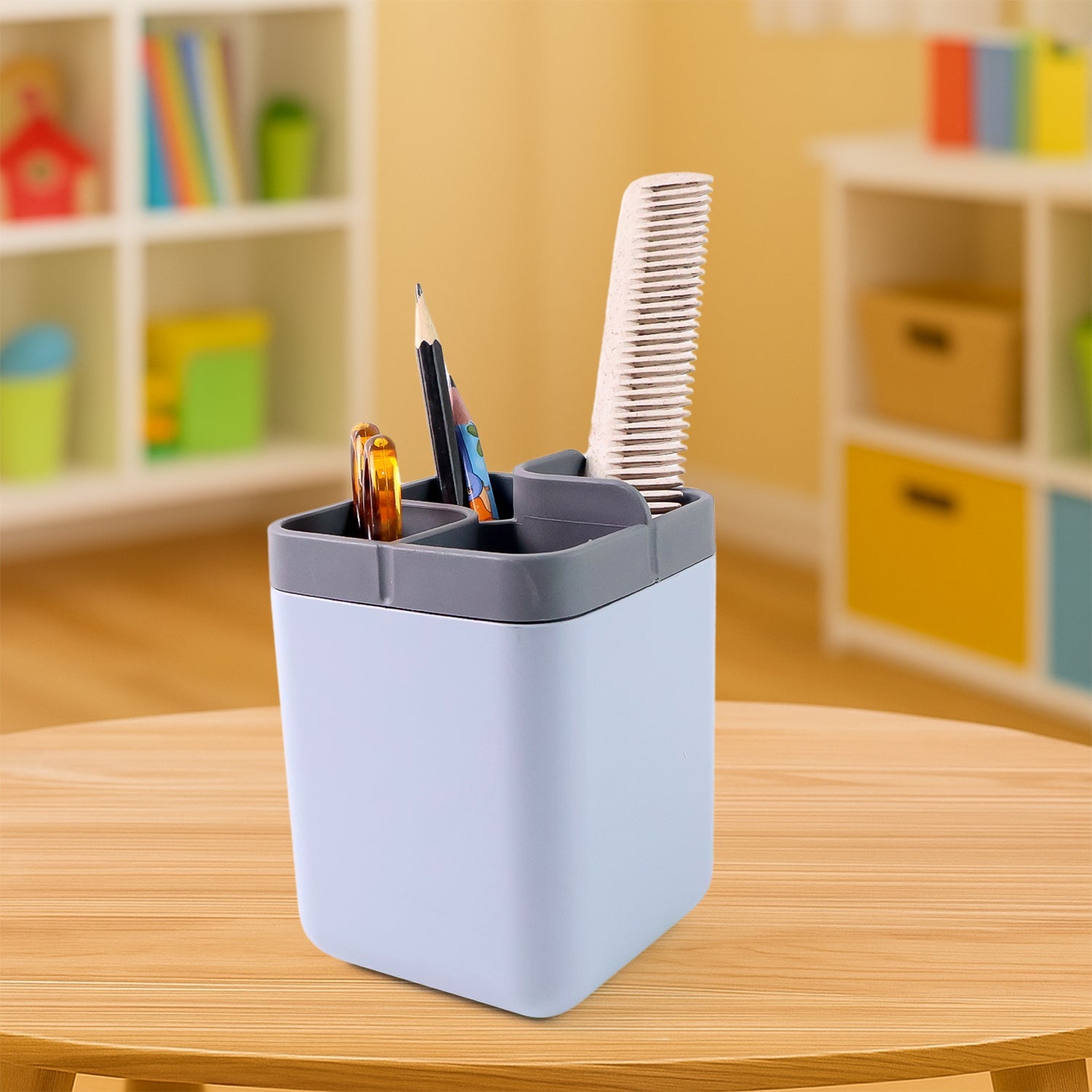 Compact desktop utility holder storing pens and makeup brushes