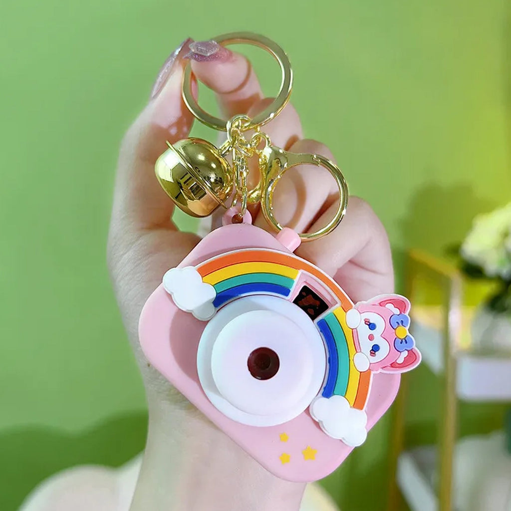 Projective camera keychain from multiple angles on plain white background