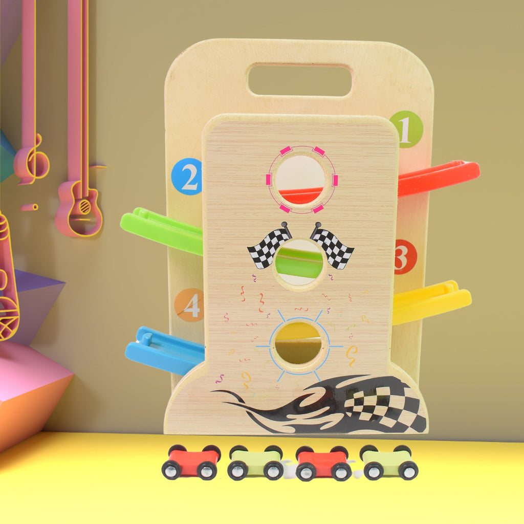 The complete Wooden Ramp Racer toy, perfect for toddlers to develop motor skills.