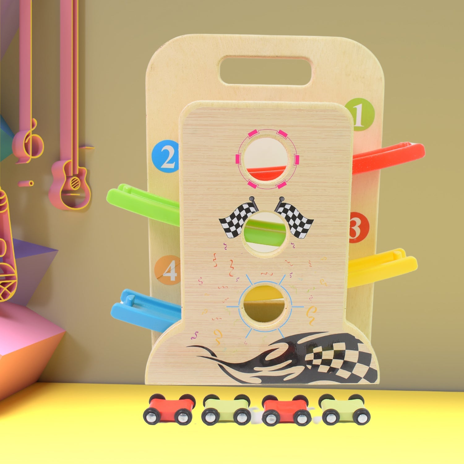 The complete Wooden Ramp Racer toy, perfect for toddlers to develop motor skills.