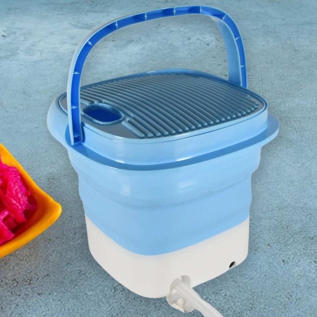 Mini washing machine demonstrating its high-frequency rubbing technology for gentle cleaning.