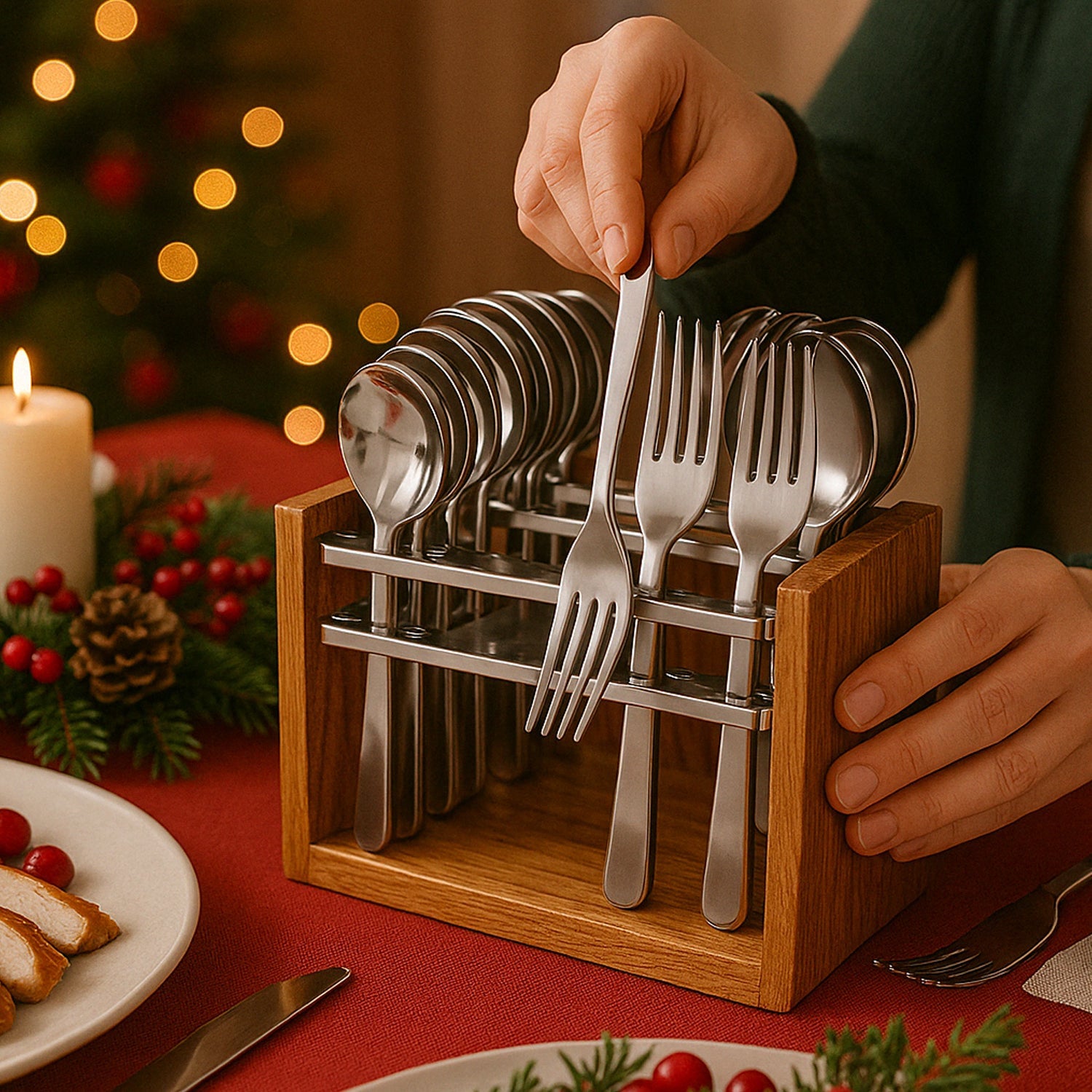Wooden stand holding Apex stainless steel cutlery set