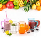 Stack of clear plastic handled drinking cups, showing their versatile design.
