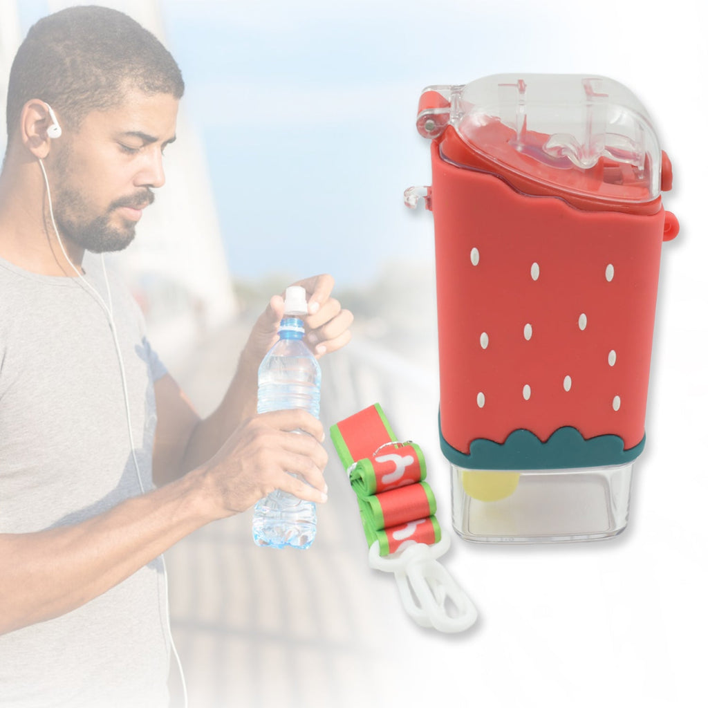 Child happily carrying the portable ice cream water bottle with its shoulder strap.