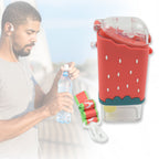 Child happily carrying the portable ice cream water bottle with its shoulder strap.