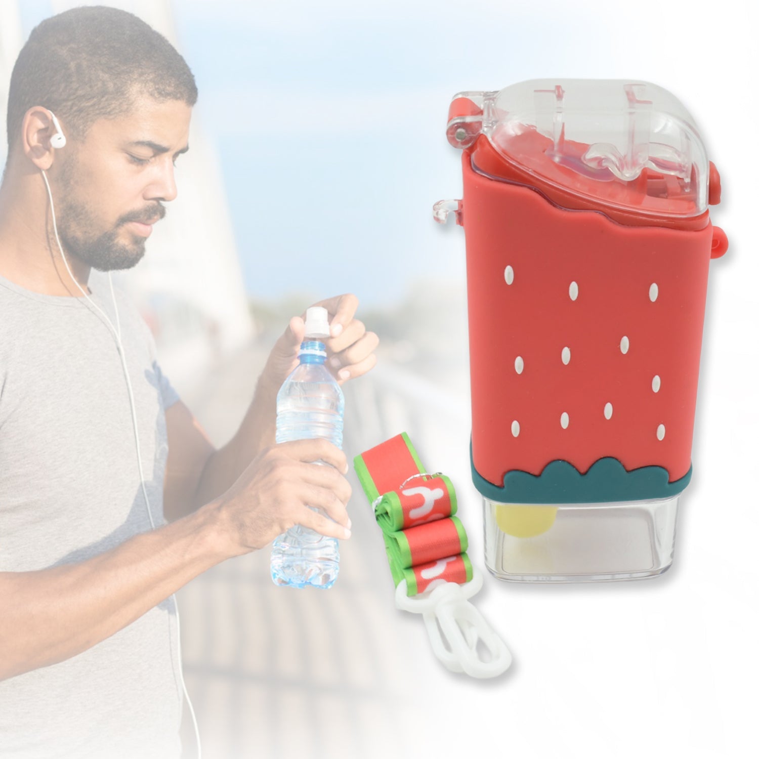 Child happily carrying the portable ice cream water bottle with its shoulder strap.