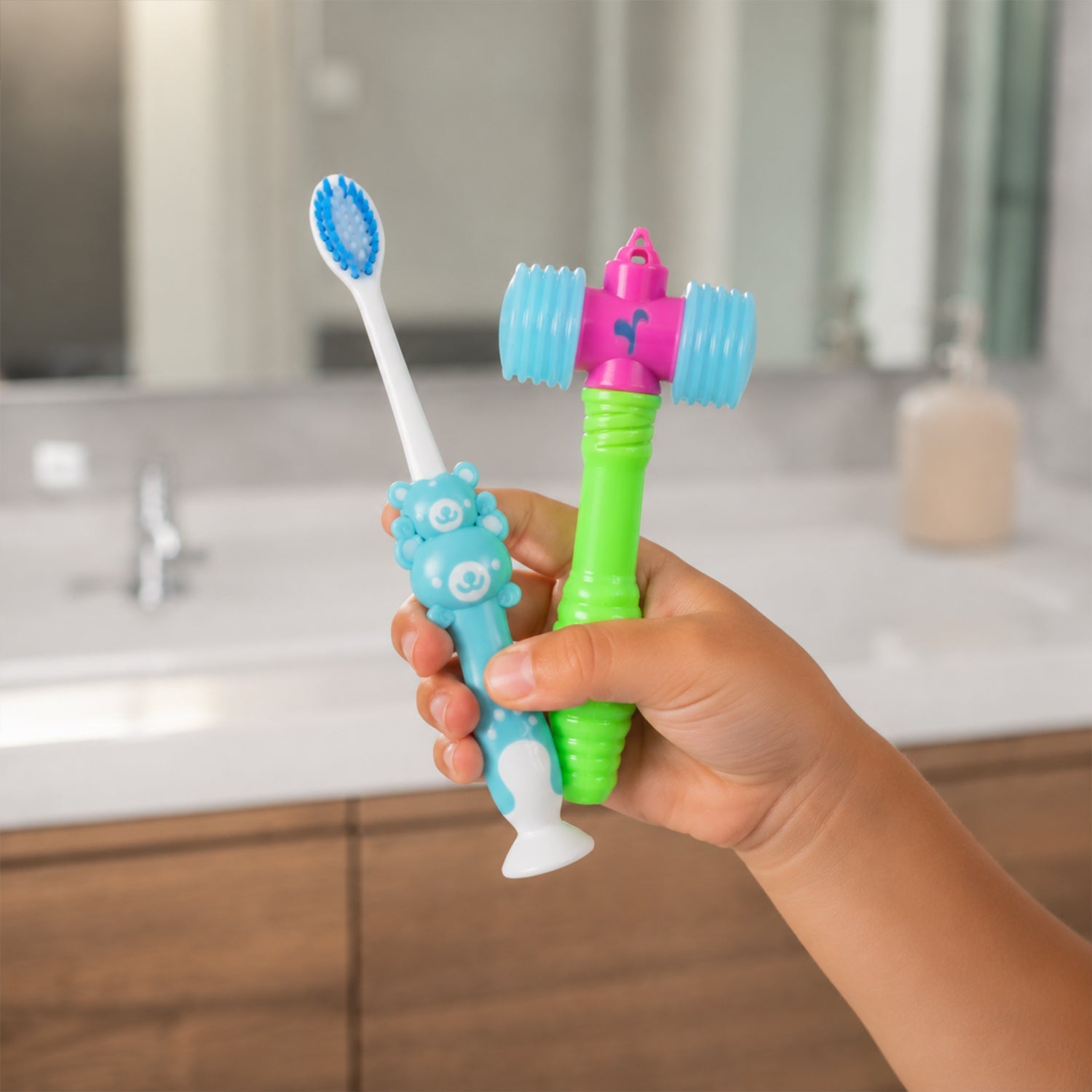 Child holding a blue toothbrush and yellow hammer toy