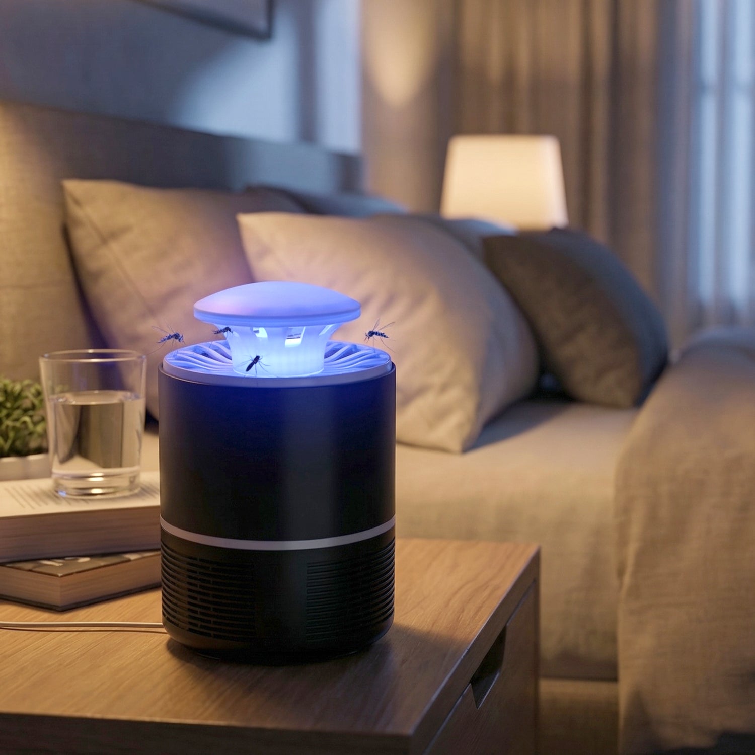 Close-up of the mosquito killer lamp's UV light and electric grid