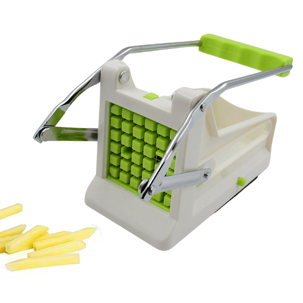 Detail of the ergonomic handle on the stainless steel potato slicer.