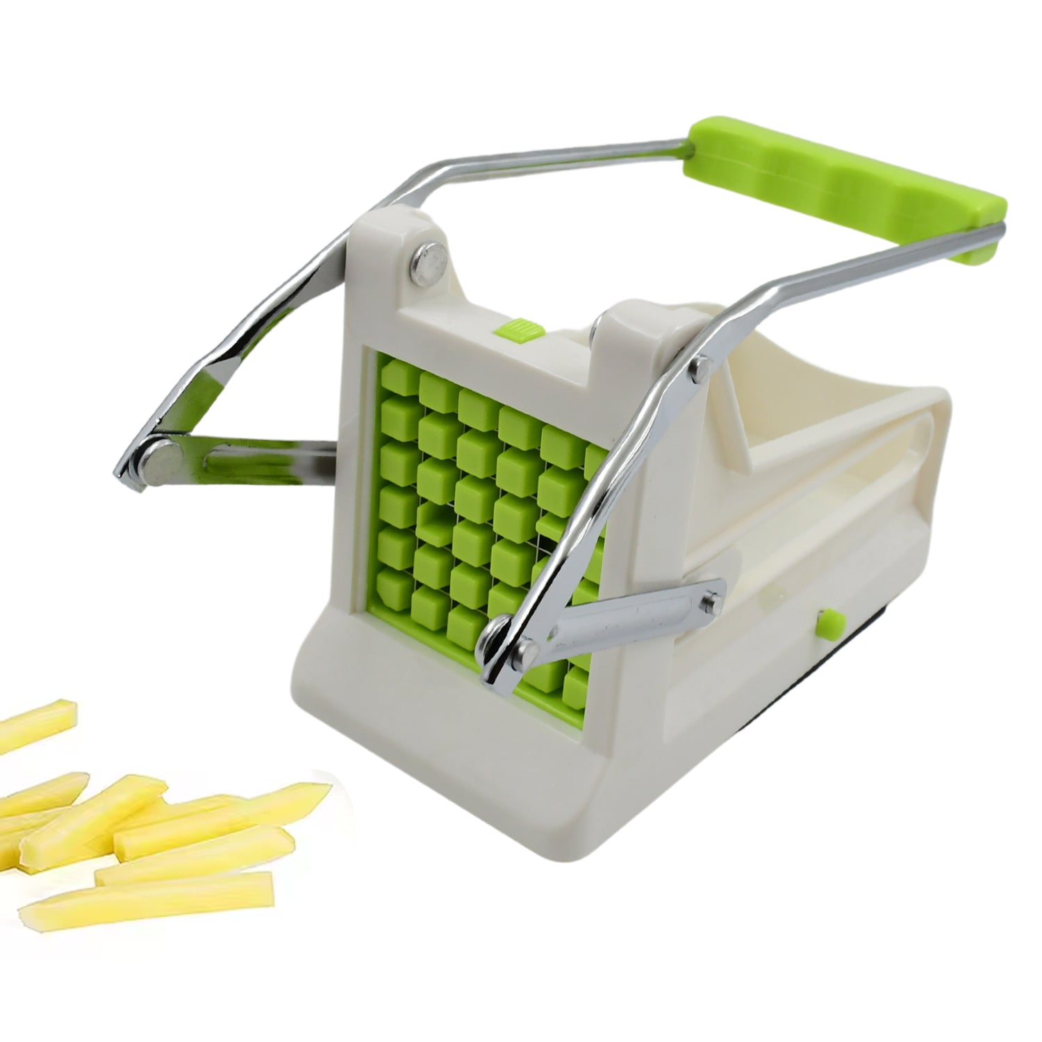 Detail of the ergonomic handle on the stainless steel potato slicer.