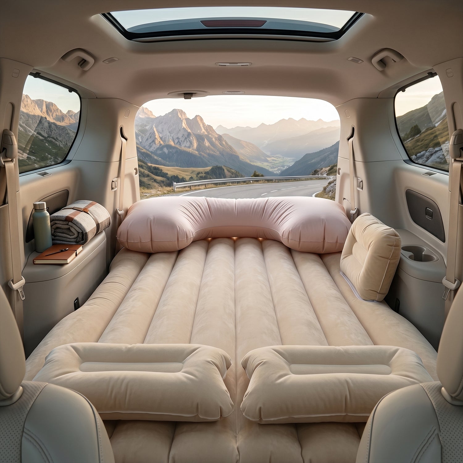 Car travel air bed with pump and supporting cushions