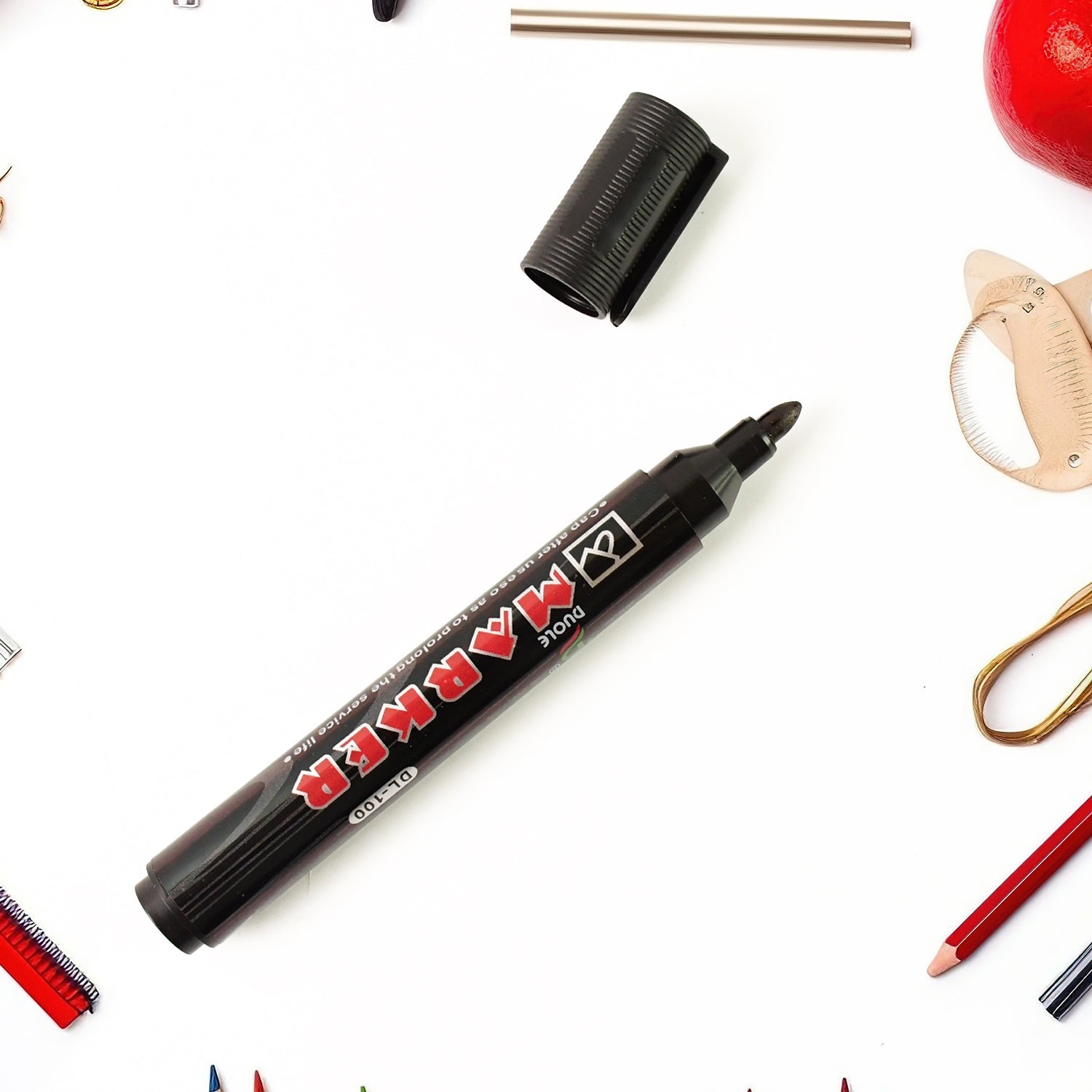 Black whiteboard marker with silver body and bullet tip for clear writing