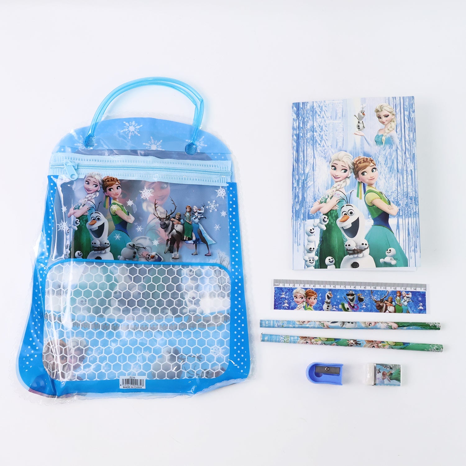 Open zip bag showcasing the neatly organized kids stationery items inside.