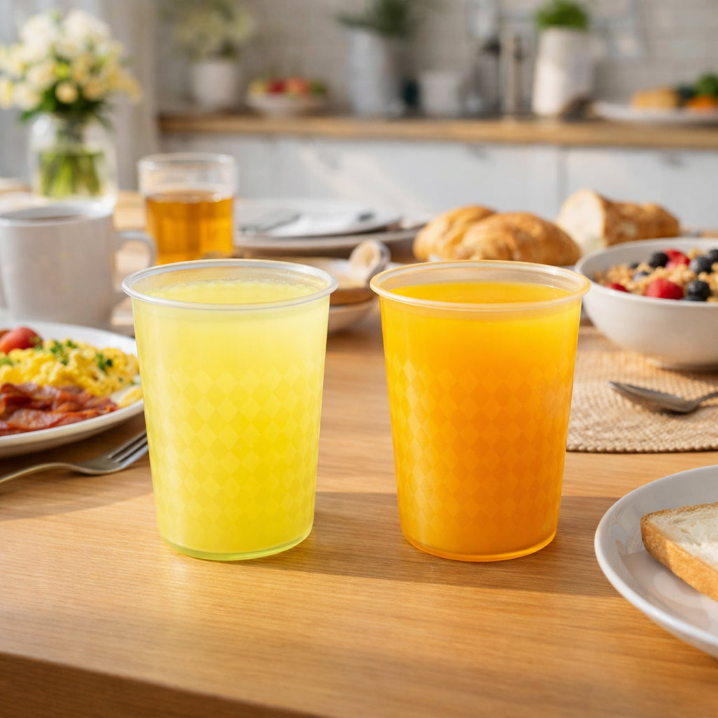 Durable plastic tumblers on a table
