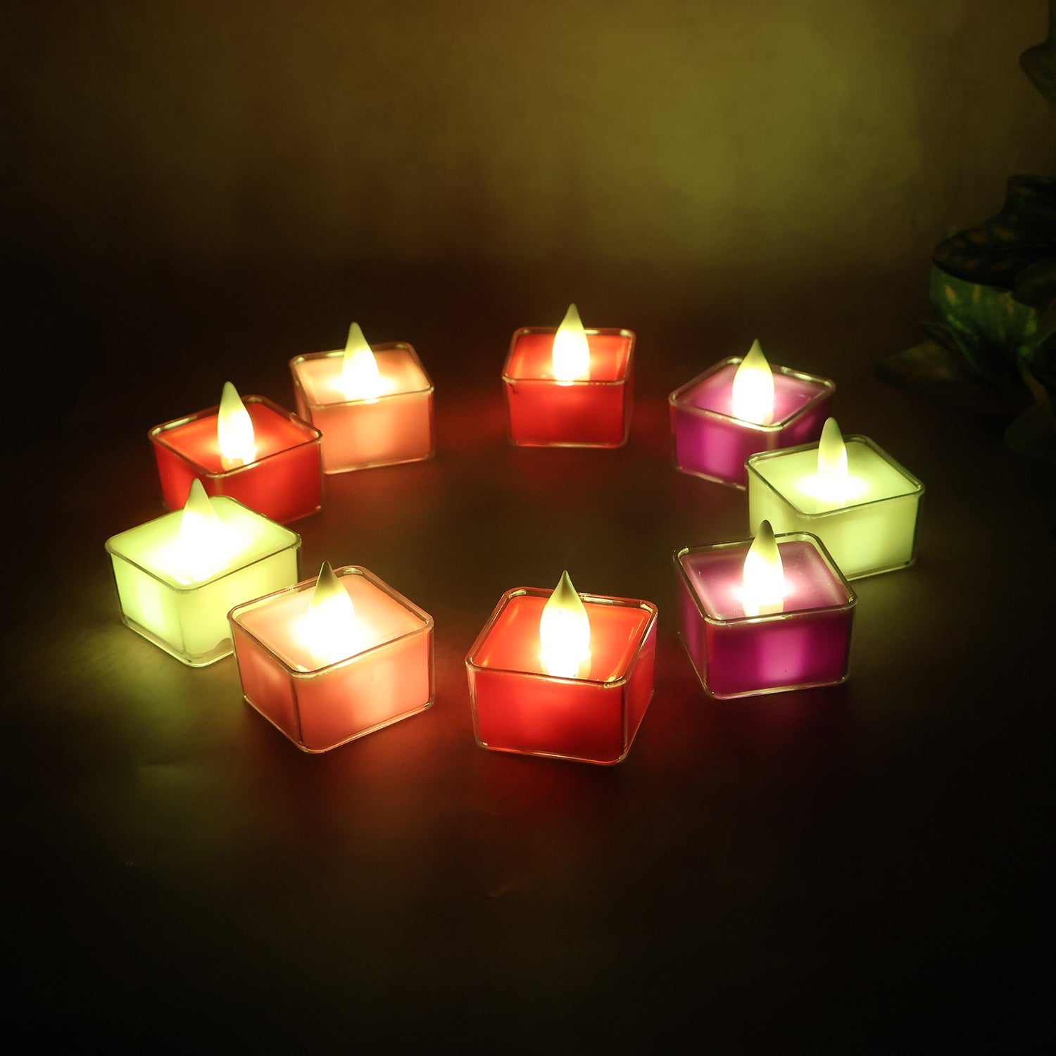 Multicolor LED tealight candles with flickering flame effect, flameless and safe