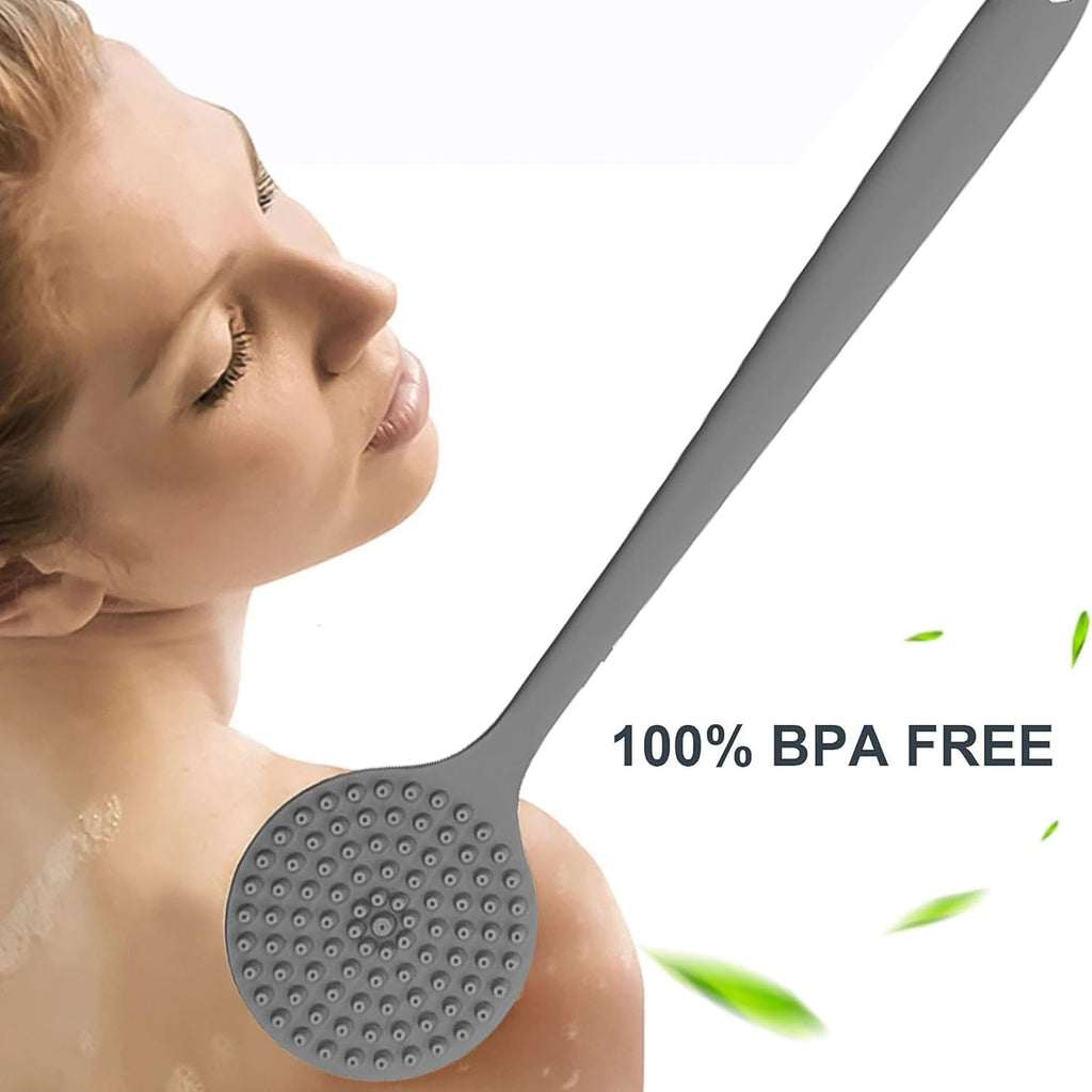Silicone back scrubber brush showing hanging hole for storage