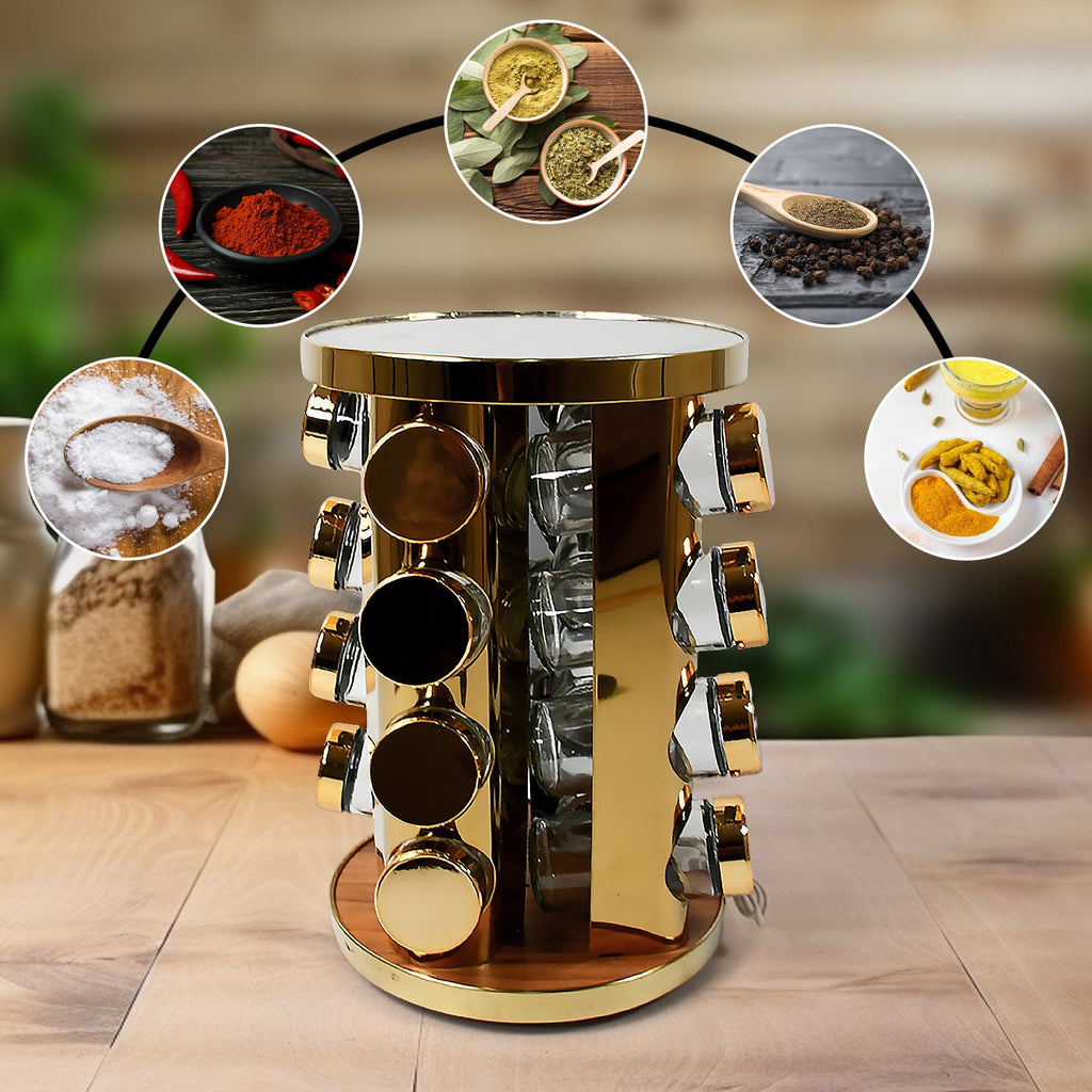 Modern kitchen countertop featuring the stylish LED rotating spice rack.