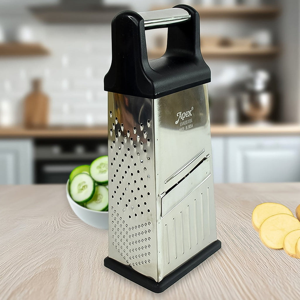 Apex 5-in-1 stainless steel slicer and grater in use grating vegetables