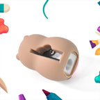 Angled view of cartoon pencil sharpener with built-in eraser