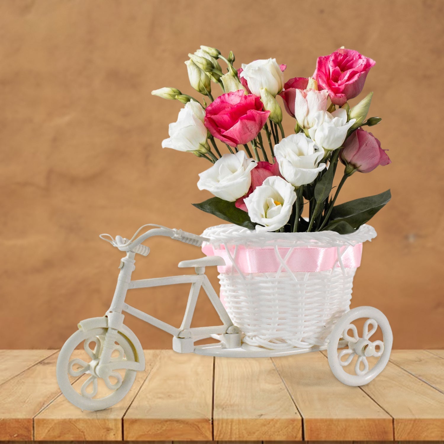 Close-up of bicycle flower pot stand wheels and plastic design