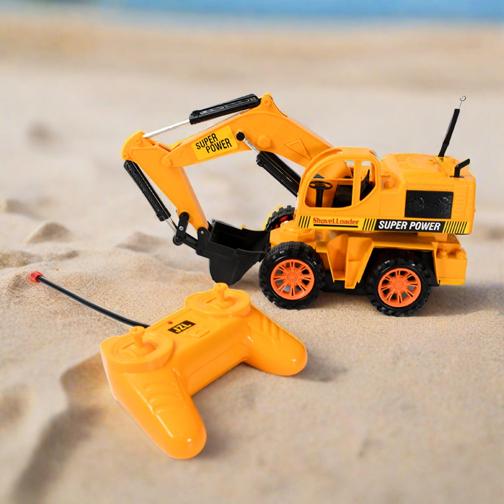 Top-down view of the Little Blocks JCB toy with its remote, ready for an exciting construction adventure.