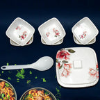 Hector 9-piece plastic dinner set, showcasing bowls and serving spoon.