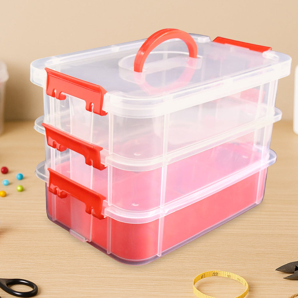 Close-up view of handle and secure locking clips on transparent storage box