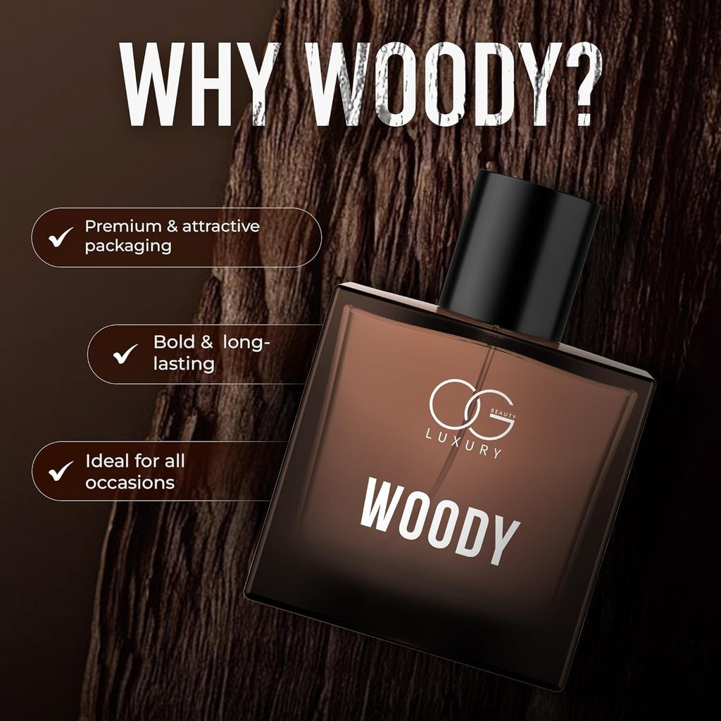 Premium Woody Eau De Parfum bottle and packaging elegantly displayed