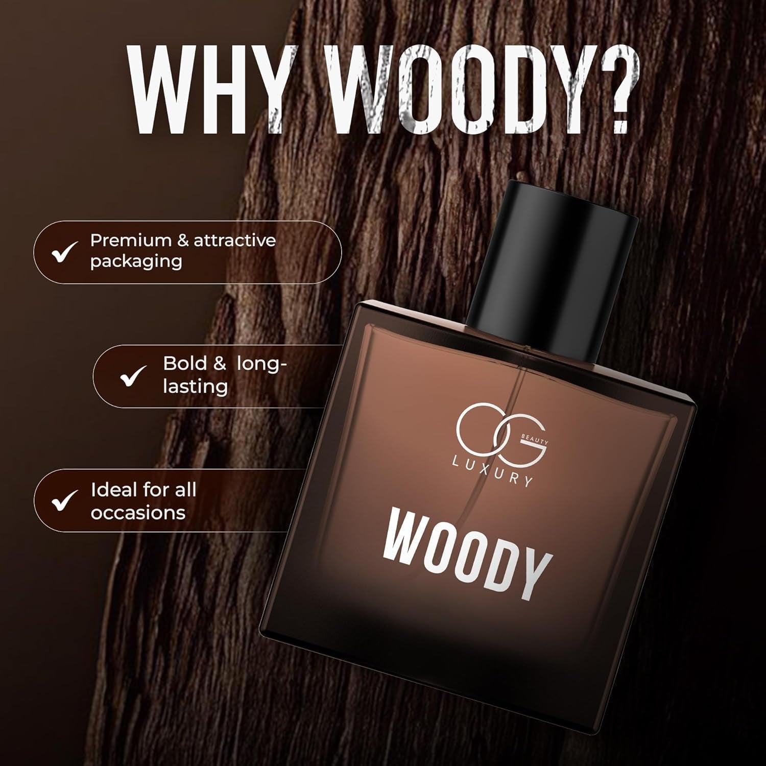 Premium Woody Eau De Parfum bottle and packaging elegantly displayed