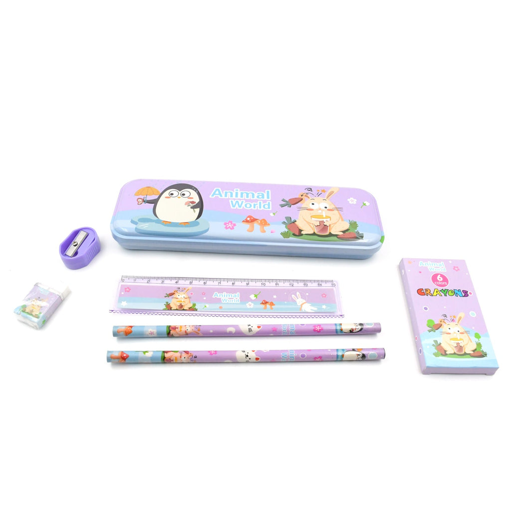 Back view of the vibrant, cartoon-themed metal pencil box, part of the kids stationery set.
