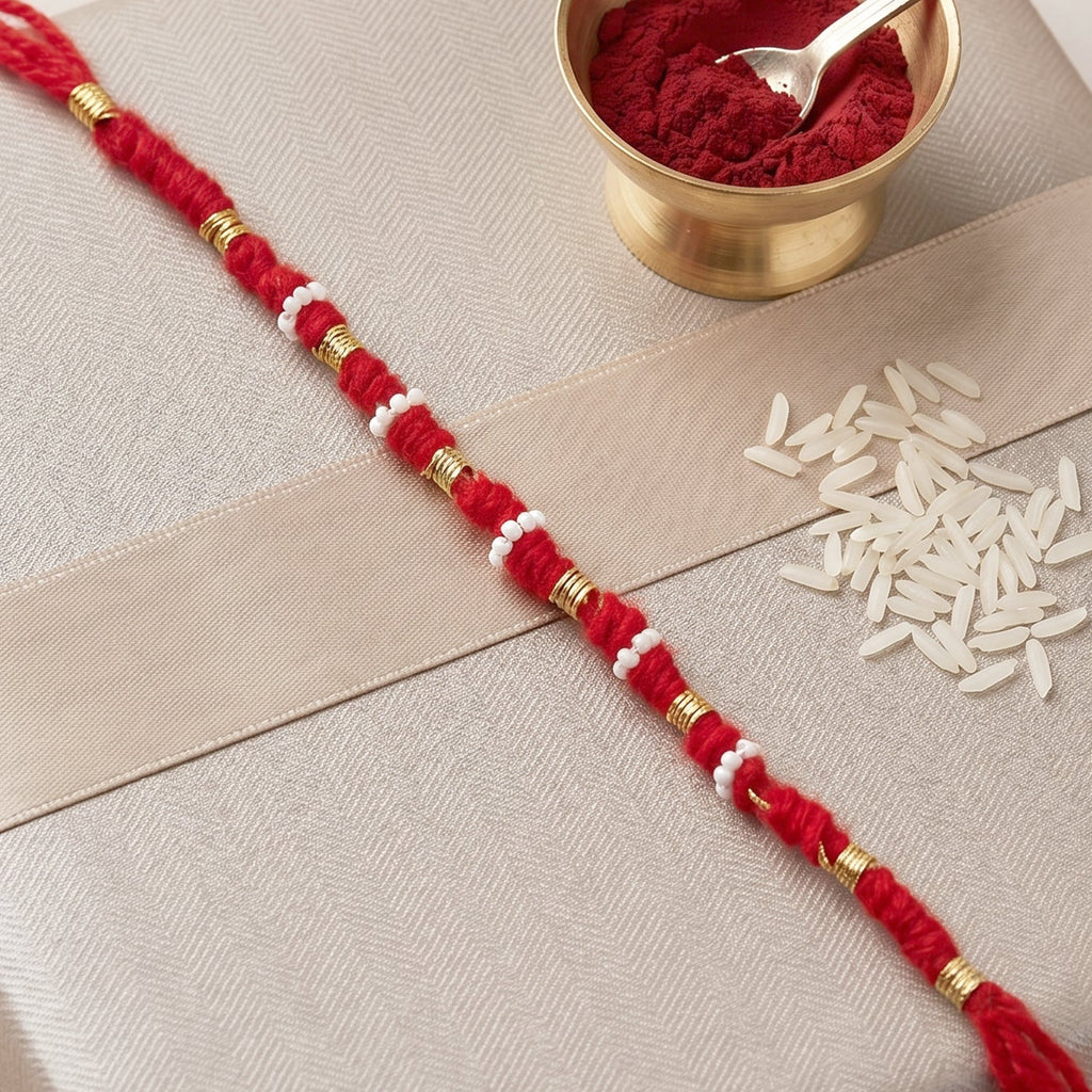 Red rakhi bracelet with beads for Raksha Bandhan