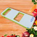 A hand safely operating the foldable vegetable slicer to cut a potato evenly.