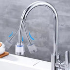 Hand adjusting the flexible neck of the faucet sprinkler for targeted cleaning.