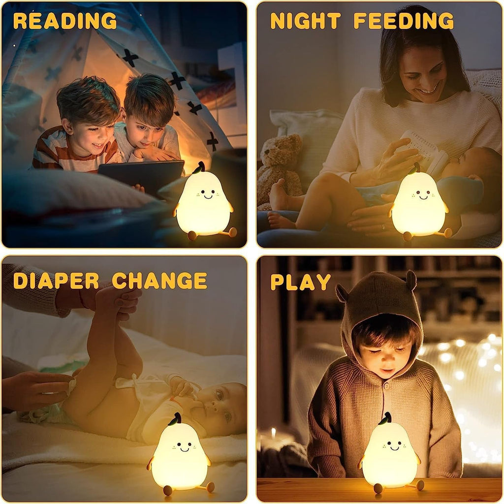 The pear silicone night lamp displayed in its retail packaging.