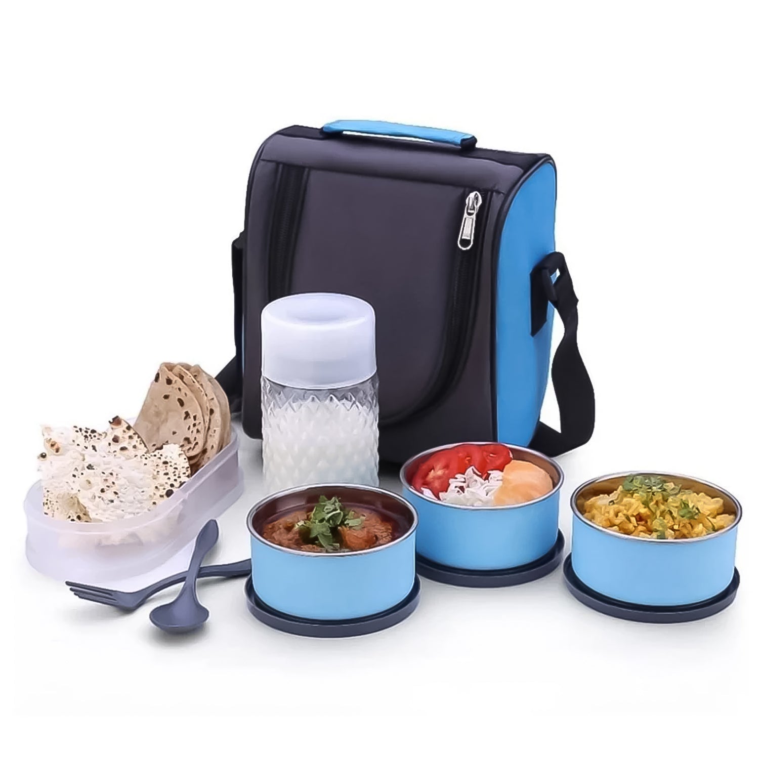Leakproof lunch box containers filled with healthy Indian food.