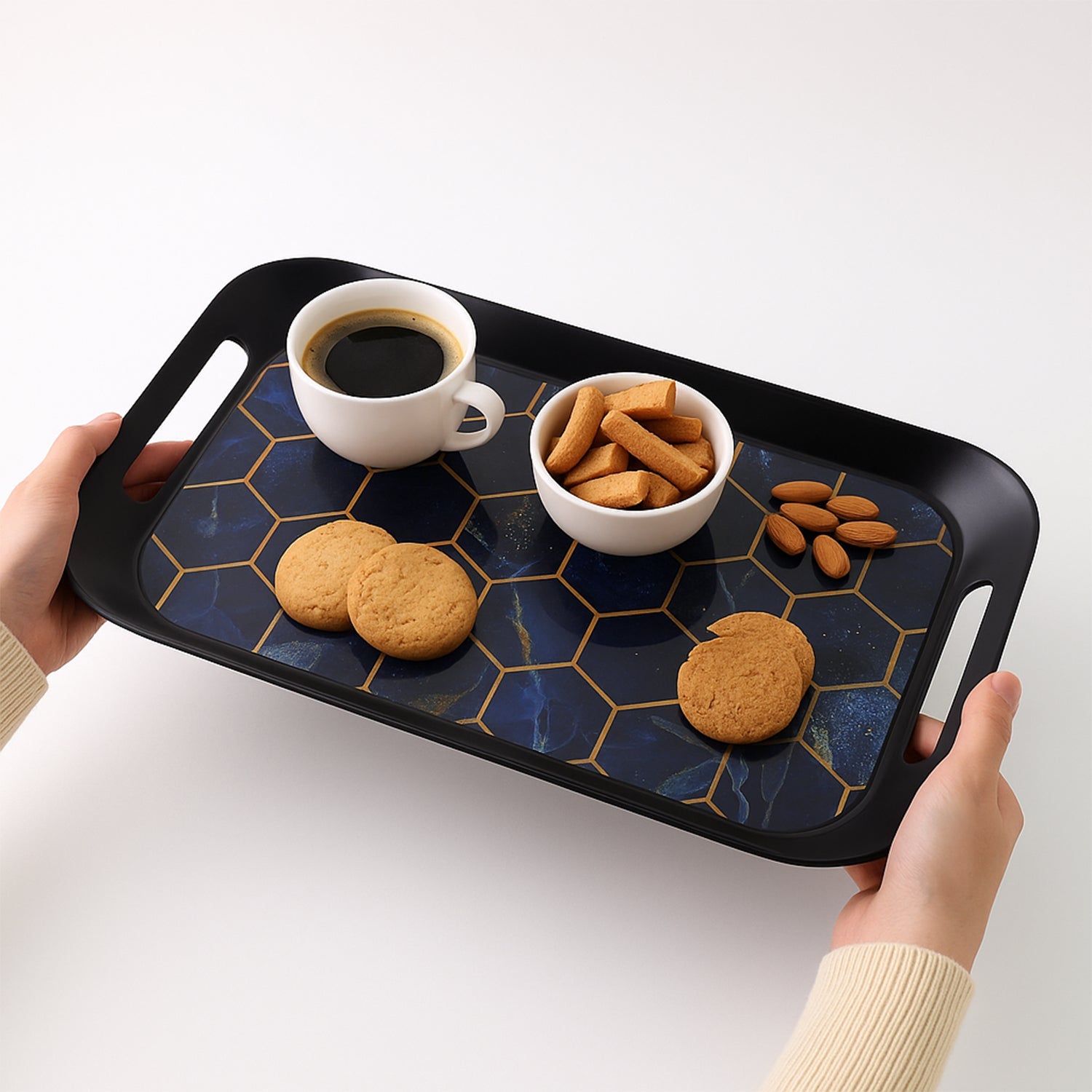 Close view of plastic serving trays with ergonomic side handles