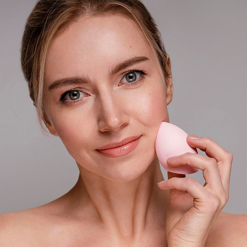 Close-up of a pink teardrop-shaped makeup sponge, ideal for blending liquid cosmetics.