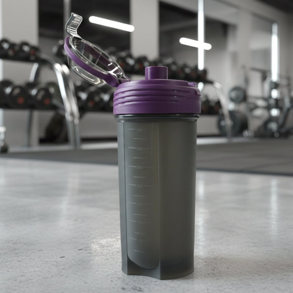 Top view of protein shaker bottle showing leak-resistant lid design