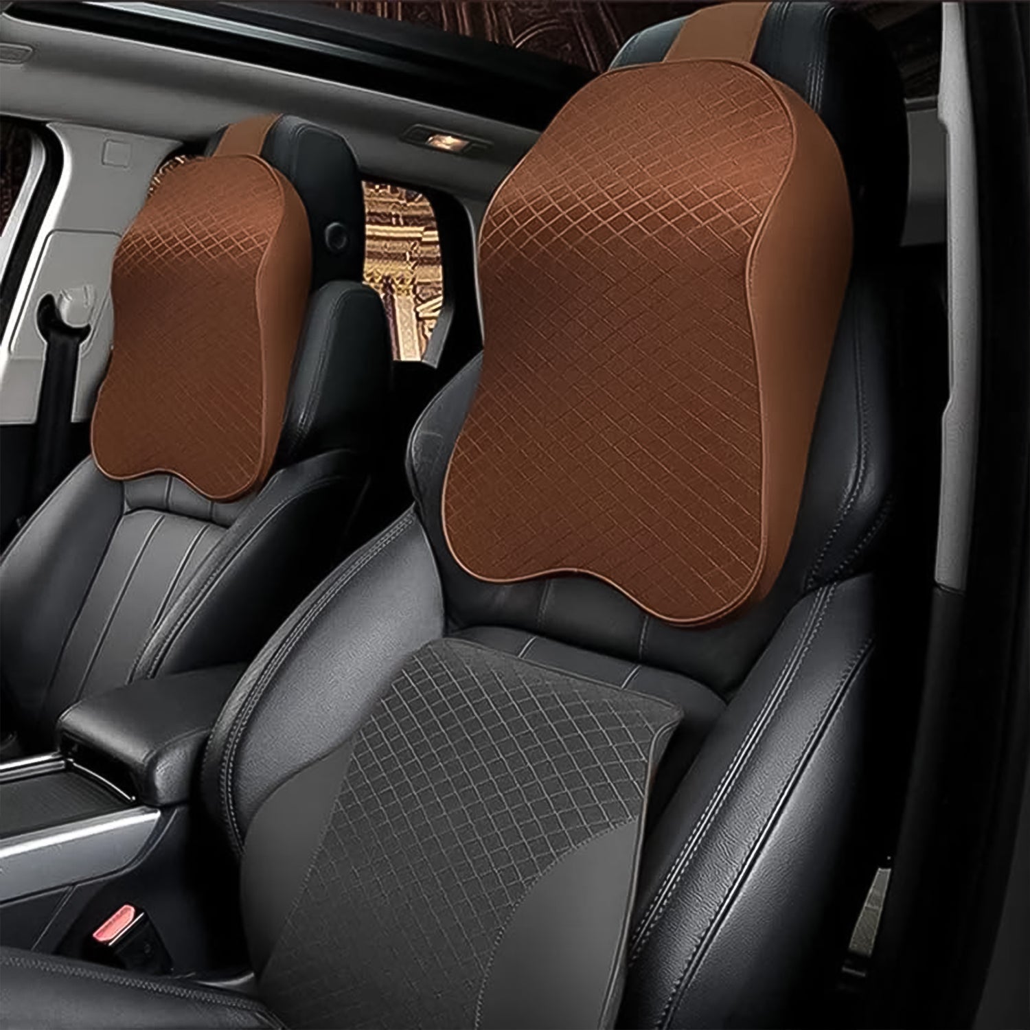 Memory Foam Car Neck Pillow dimensions shown for easy fit in various car seats.