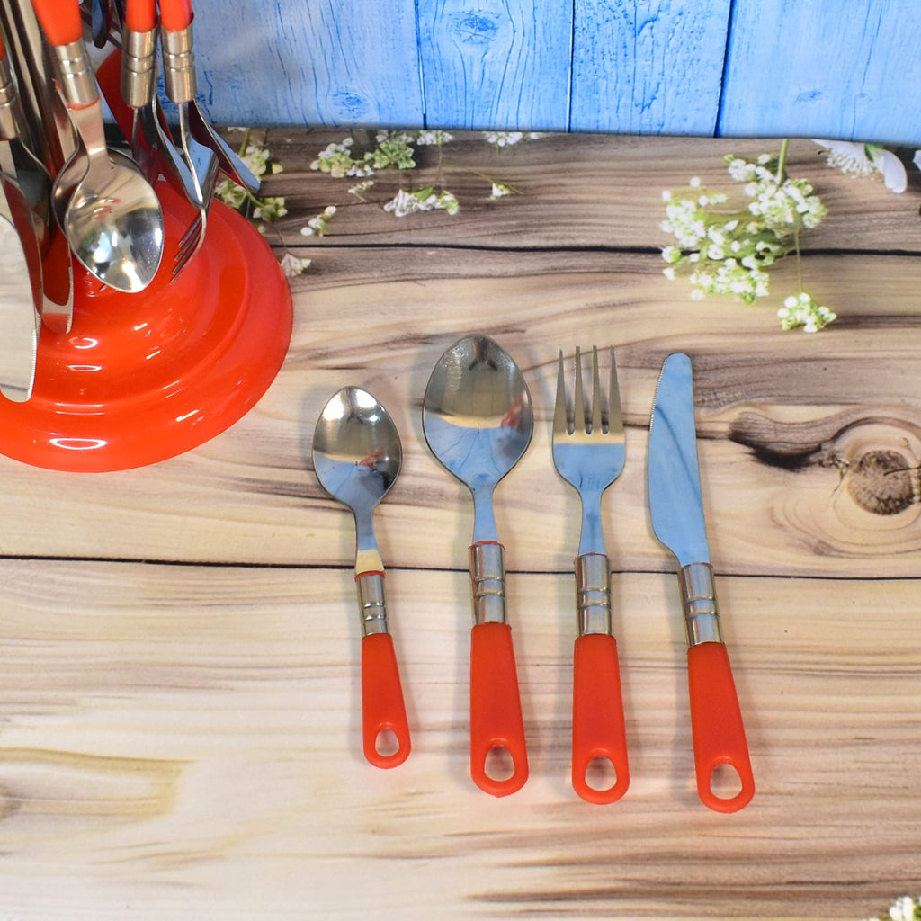 Detailed view of the polished stainless steel dessert spoons and forks from the 26-piece cutlery set.