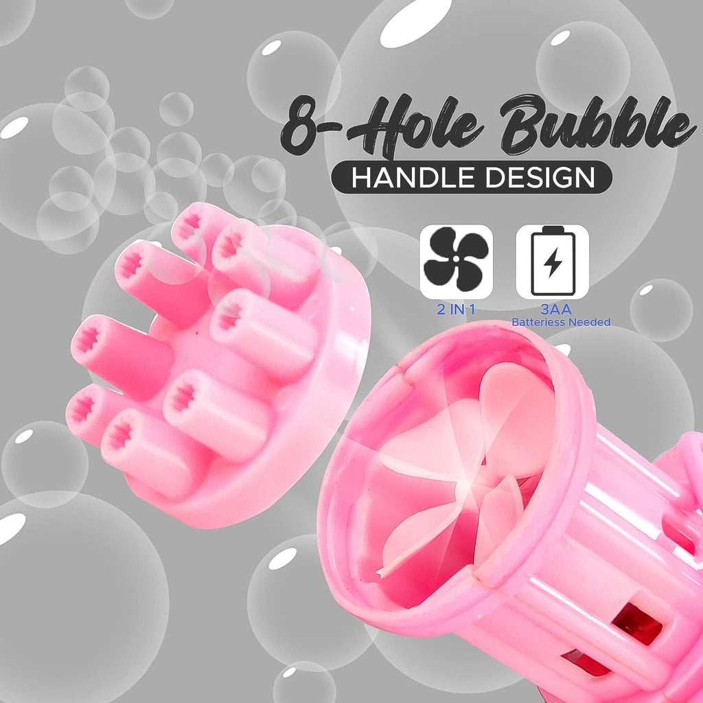 A child happily playing with the bubble gun outdoors, filling the air with numerous bubbles.