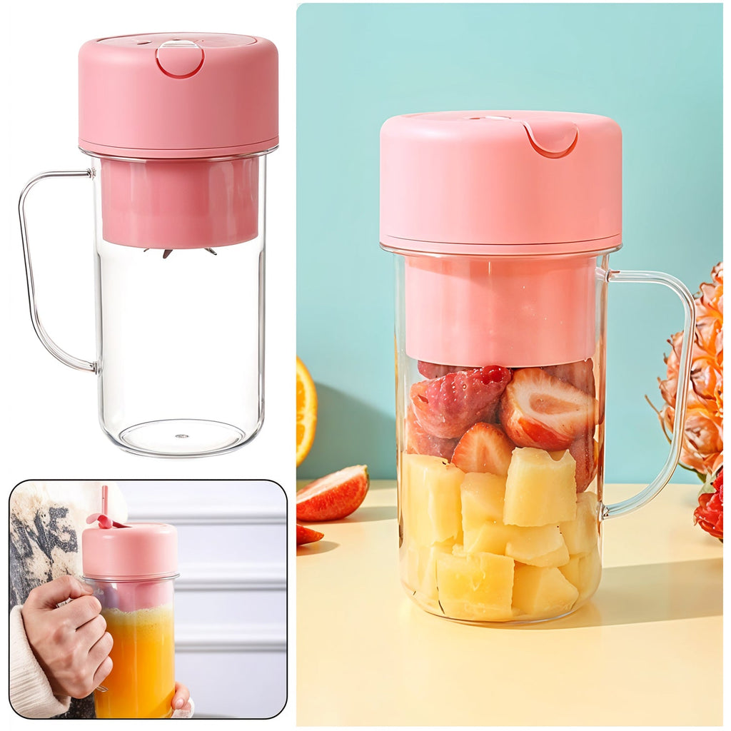 The portable USB juicer displayed alongside fresh ingredients like fruits.