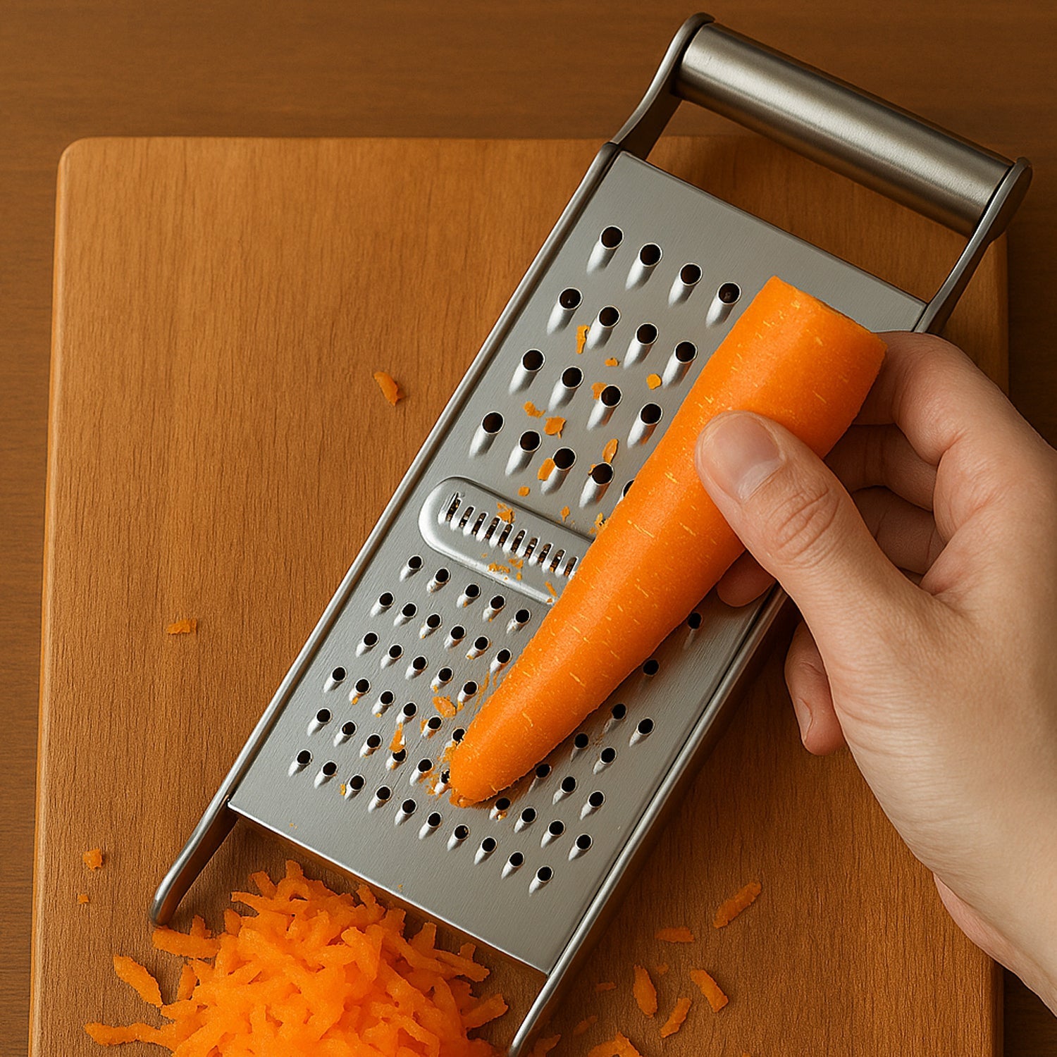 Close-up of stainless steel grater and slicer blades for food preparation